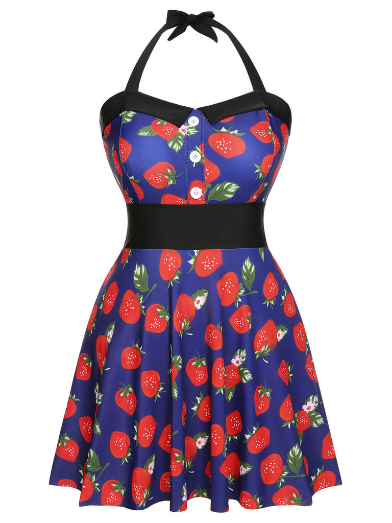 [Plus Size] Multicolor 1930s Colorblocked Strawberry Halter Swimsuit