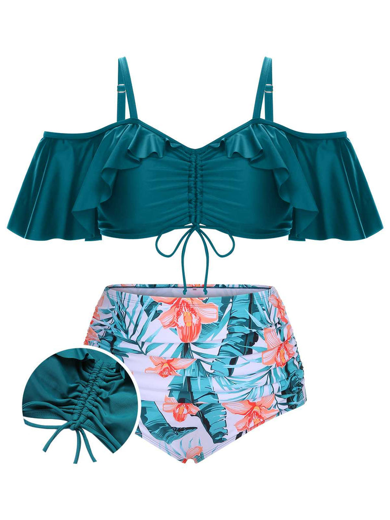 [Plus Size] Green 1950s Strap Floral Ruffles Swimsuit