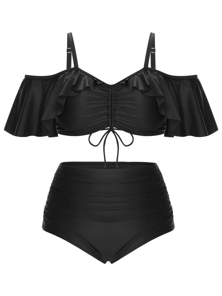 [Plus Size] Black 1950s Strap Dolman Sleeve Swimsuit