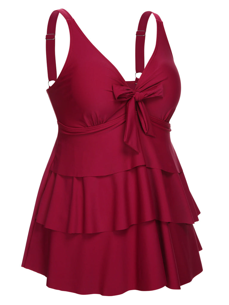 [Plus Size] 1950s Solid Front Tie Ruffle Swimsuit