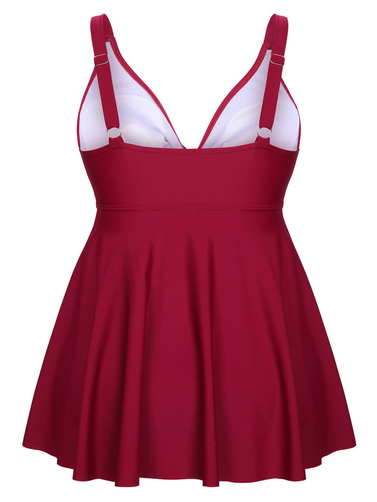 [Plus Size] 1950s Solid Front Tie Ruffle Swimsuit