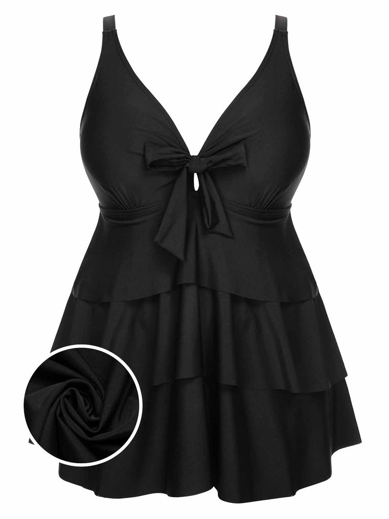 [Plus Size] 1950s Solid Front Tie Ruffle Swimsuit