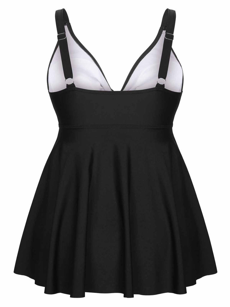 [Plus Size] 1950s Solid Front Tie Ruffle Swimsuit