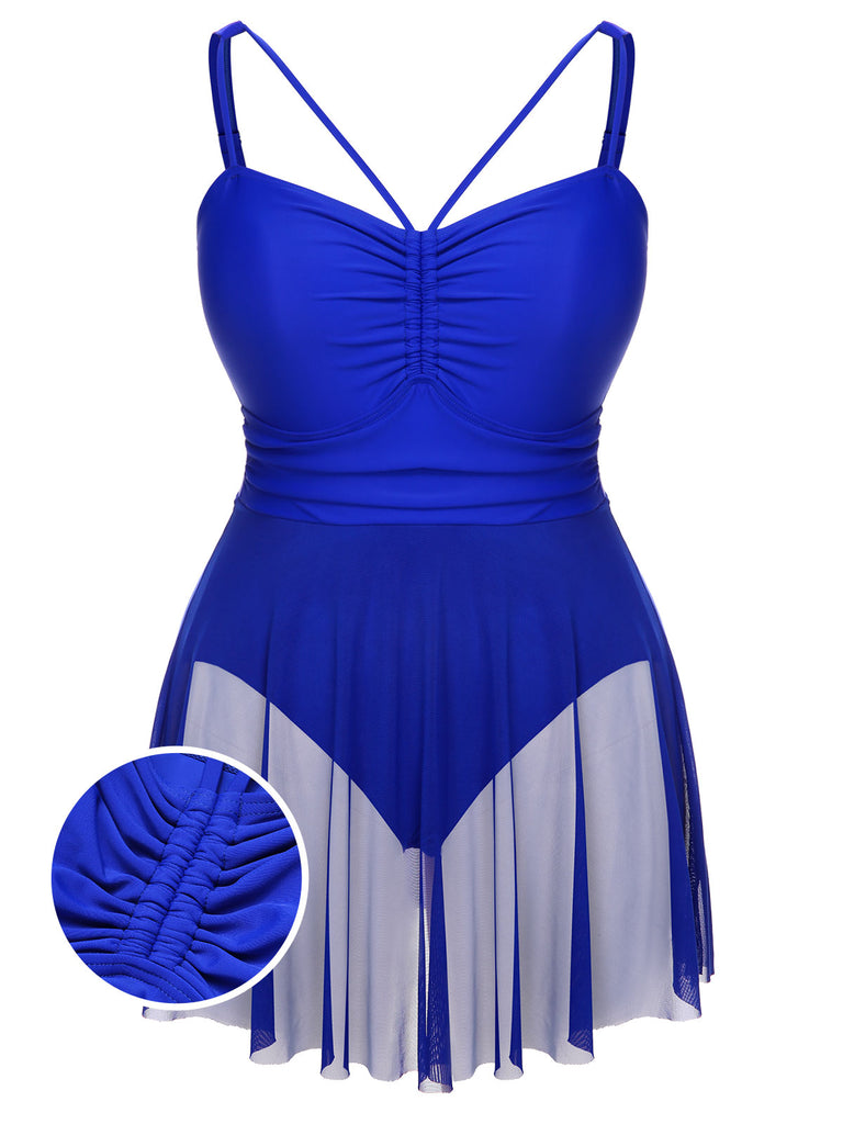 [Plus Size] Blue 1950s Solid V-Neck Drawstring Strap Swimsuit