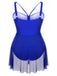 [Plus Size] Blue 1950s Solid V-Neck Drawstring Strap Swimsuit
