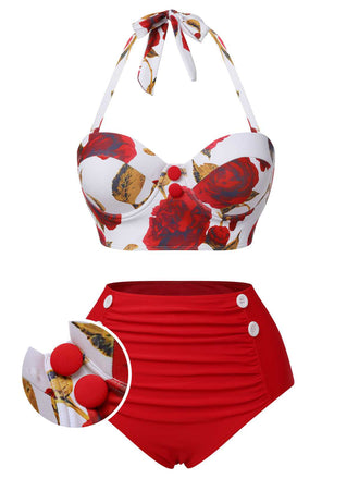 [US Warehouse] Red 1960s Halter Roses Swimsuit