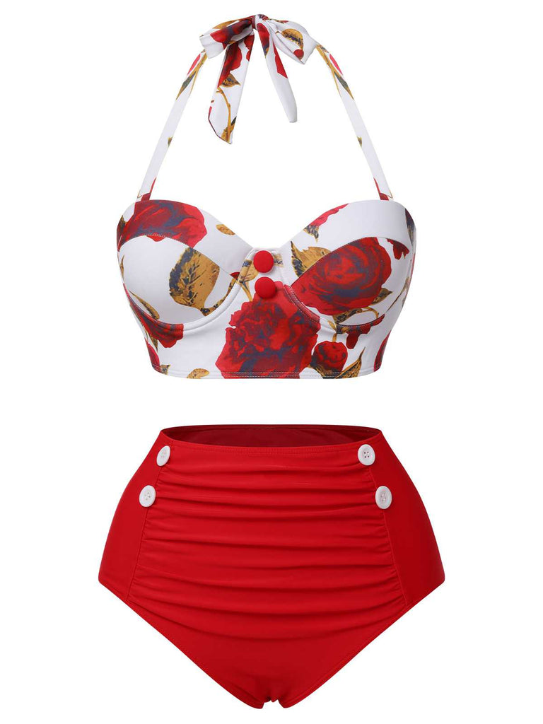 Red 1940s Halter Roses Swimsuit