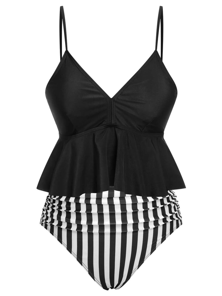 Black 1950s Striped Printed Separate Swimsuit