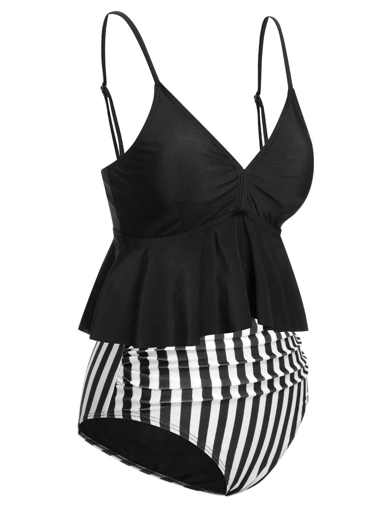 Black 1950s Striped Printed Separate Swimsuit