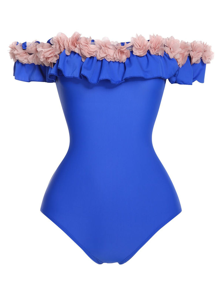 1940s Solid Petal Patchwork One Shoulder Swimsuit