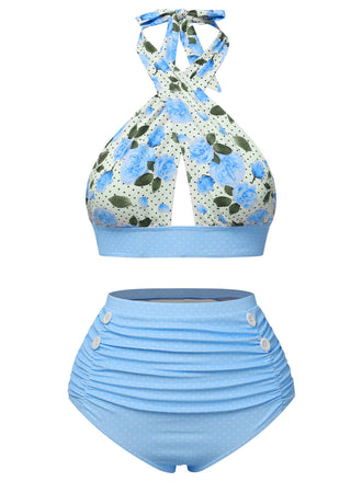 Blue 1940s Floral Cross Halter Swimsuit