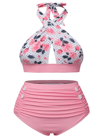 [Plus Size] Pink 1940s Floral Cross Halter Swimsuit