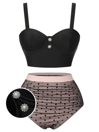 [US Warehouse] Black 1960s Polka Dots Mesh Swimsuit