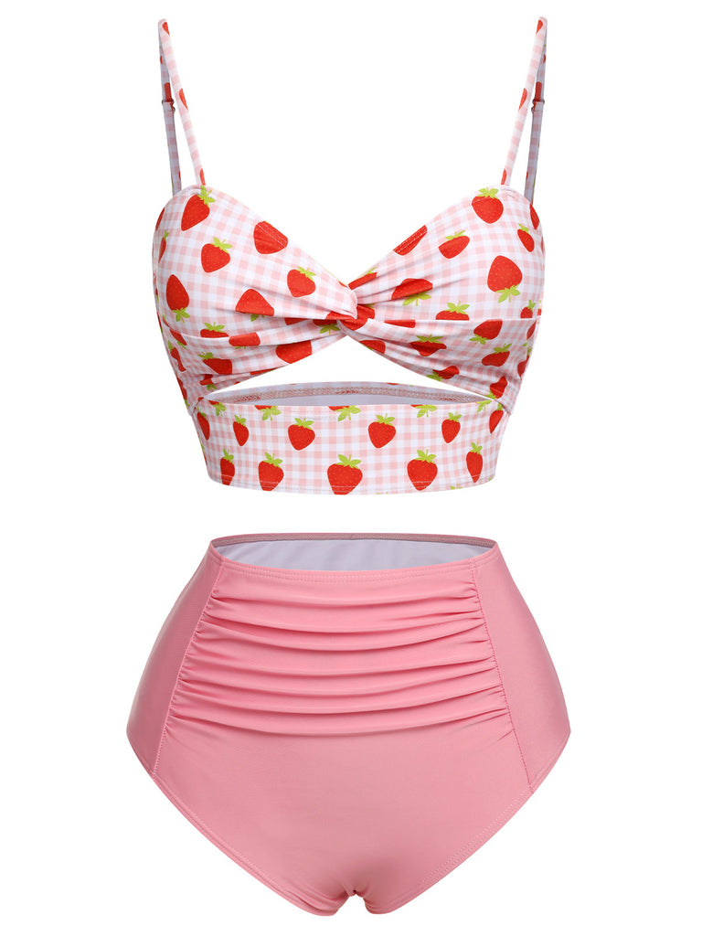 Pink 1960s Strawberry Plaid Halter Swimsuit