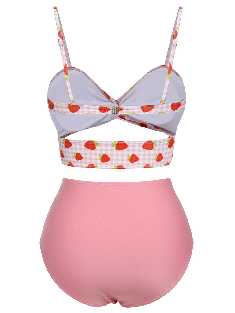 Pink 1960s Strawberry Plaid Halter Swimsuit