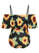 [Plus Size] Black 1940s Sunflower Cold-Shoulder Swimsuit