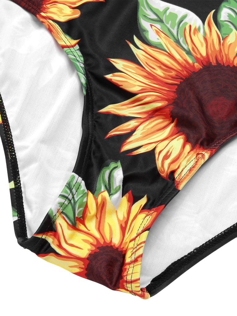 [Plus Size] Black 1940s Sunflower Cold-Shoulder Swimsuit