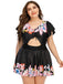 [Plus Size] Black 1950s Floral Ruffled Hollow Lace-Up Swimsuit