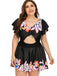 [Plus Size] Black 1950s Floral Ruffled Hollow Lace-Up Swimsuit