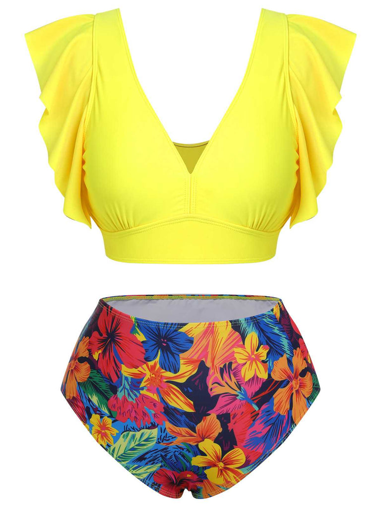 [Plus Size] Yellow 1940s Ruffles Floral Swimsuit