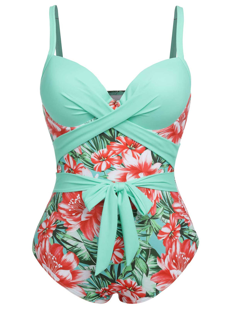 [Plus Size] 1940s Strap Flowers One-Piece Swimsuit