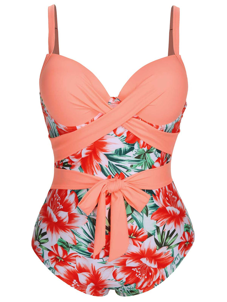 [Plus Size] 1940s Strap Flowers One-Piece Swimsuit