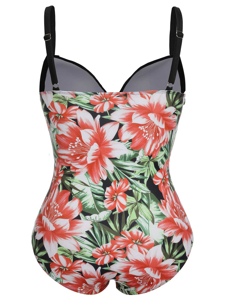 [Plus Size] 1940s Strap Flowers One-Piece Swimsuit