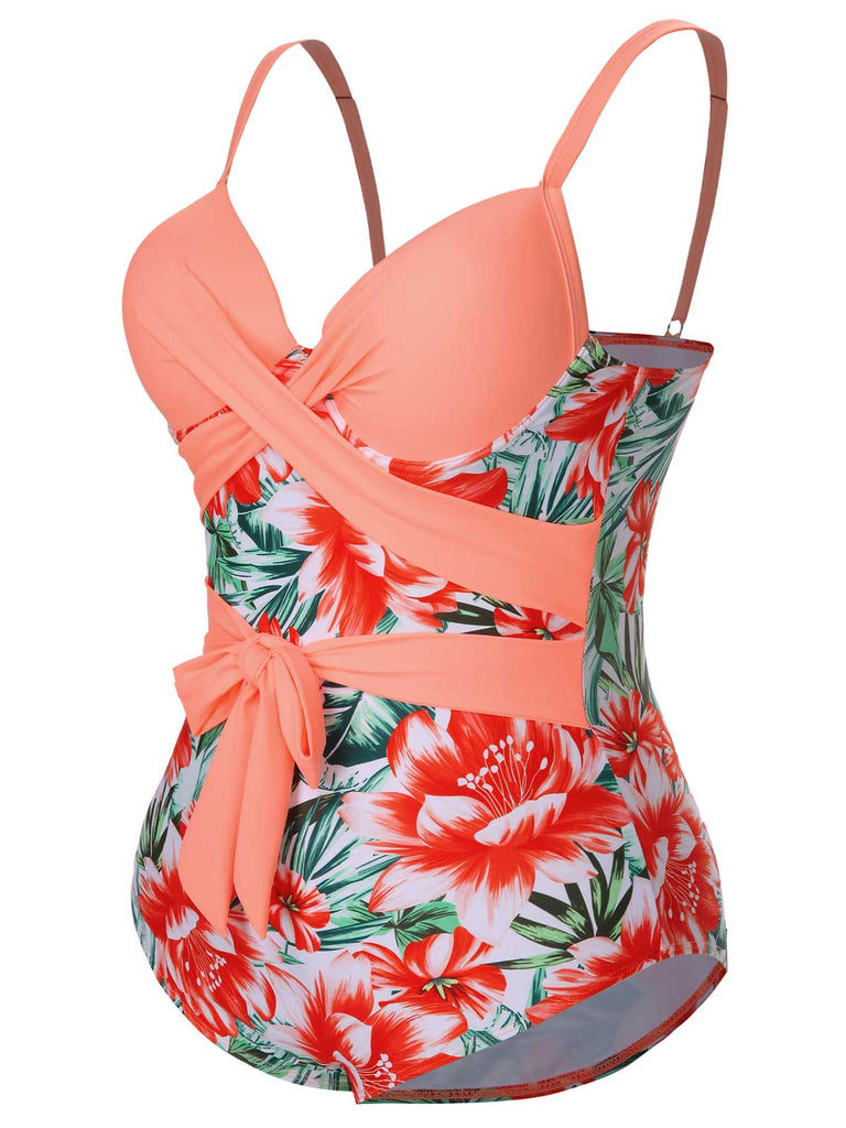 [Plus Size] 1940s Strap Flowers One-Piece Swimsuit