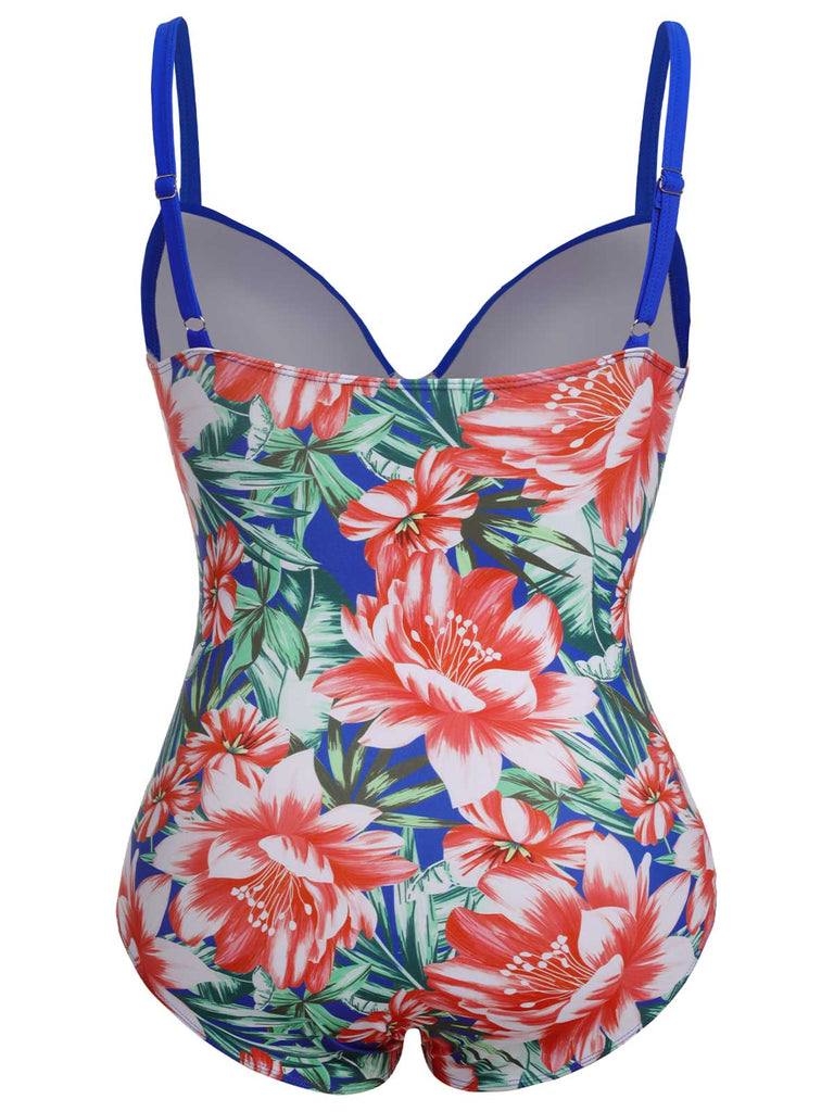 [Plus Size] 1940s Strap Flowers One-Piece Swimsuit