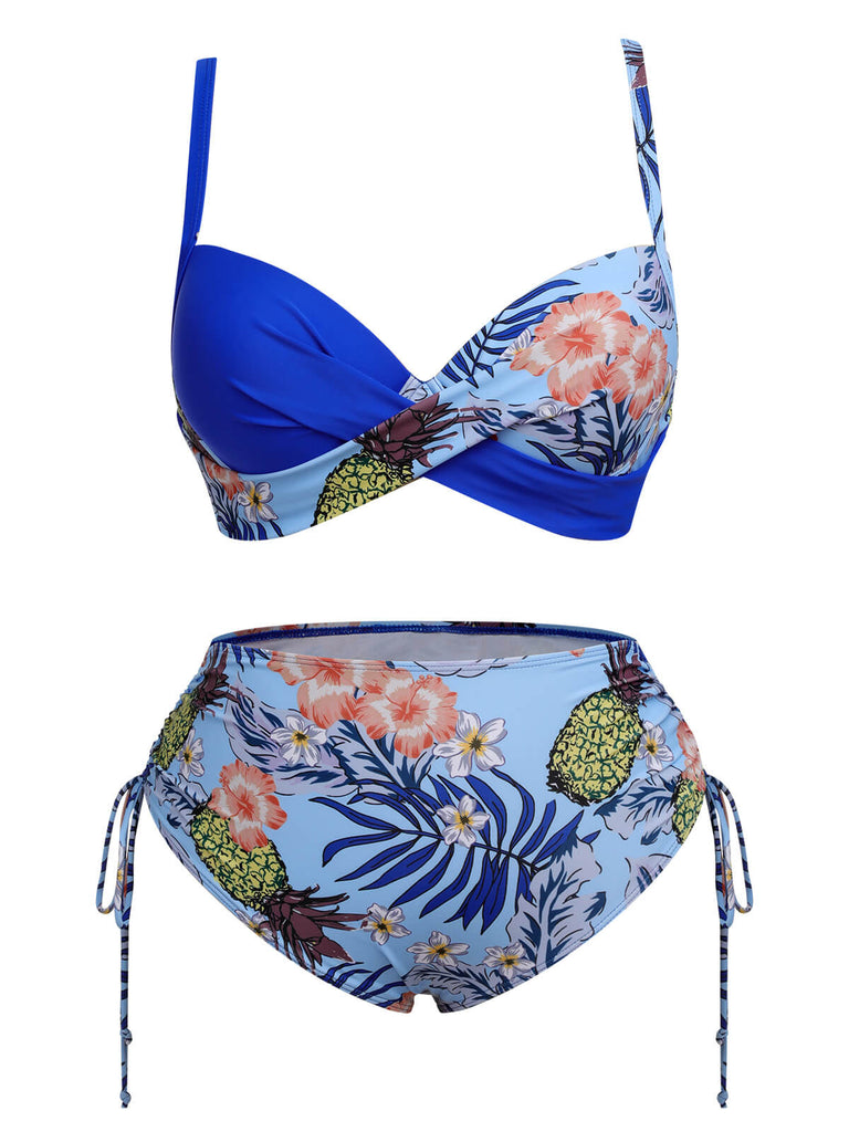 [Plus Size] 1940S Tropical Plant Patchwork Lace-Up Swimsuit