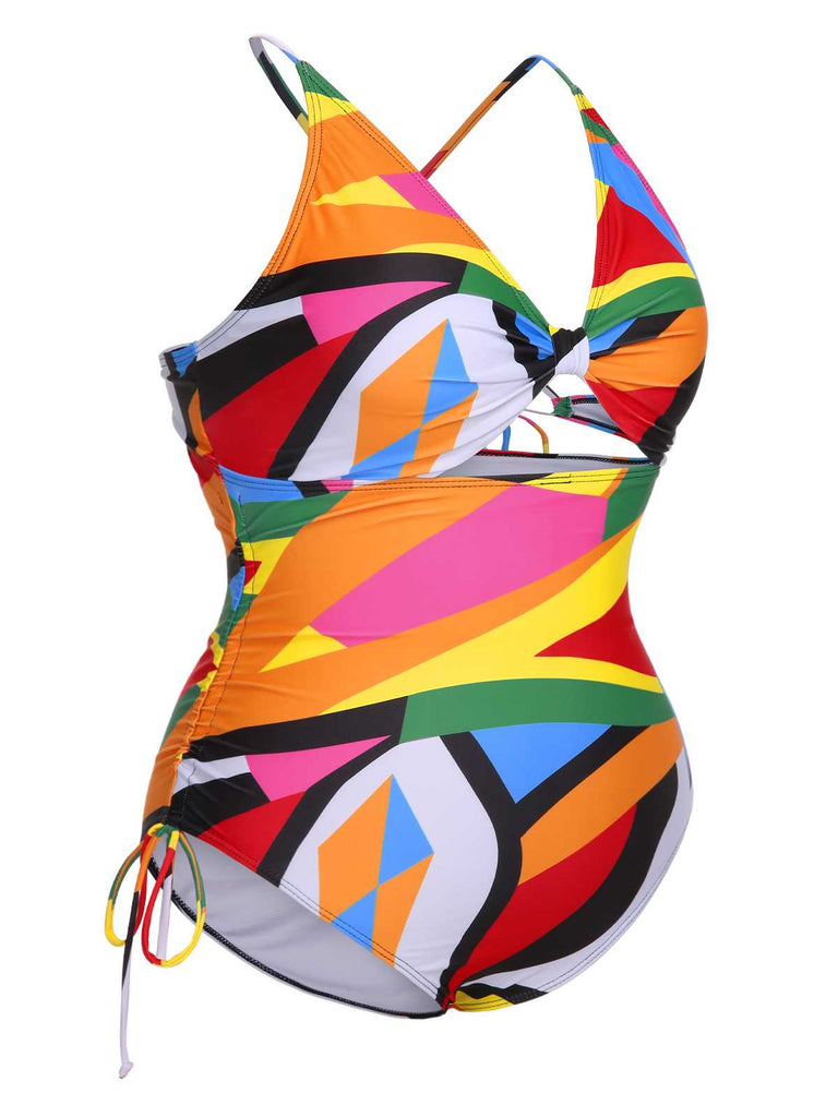 [Plus Size] Multicolor 1940s Print One-Piece Swimsuit