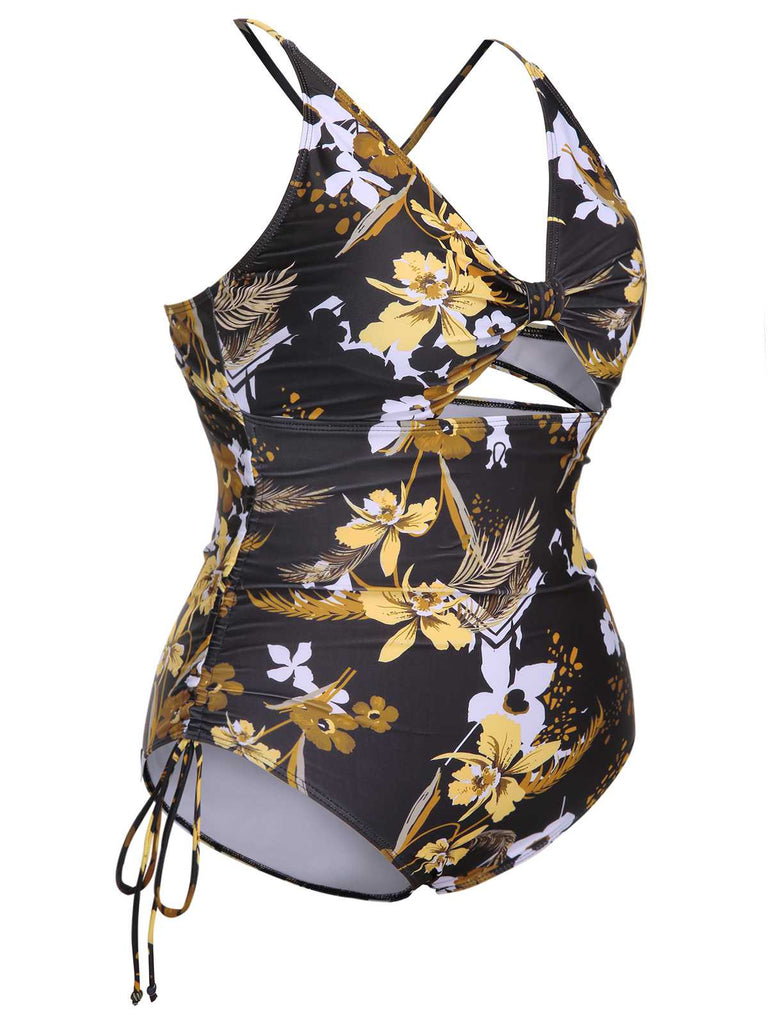 [Plus Size] Multicolor 1940s Print One-Piece Swimsuit