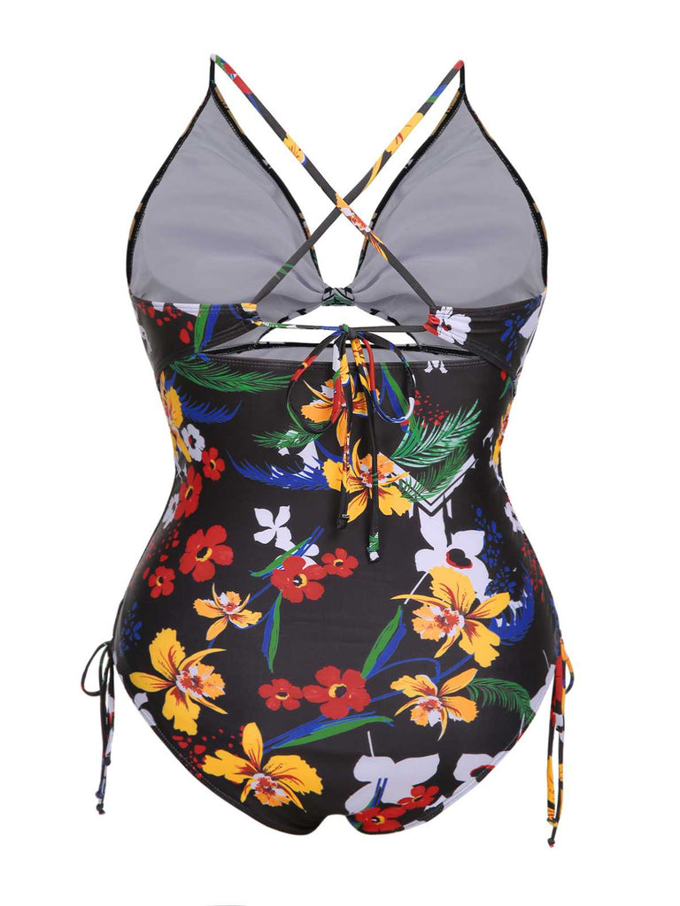 [Plus Size] Multicolor 1940s Print One-Piece Swimsuit