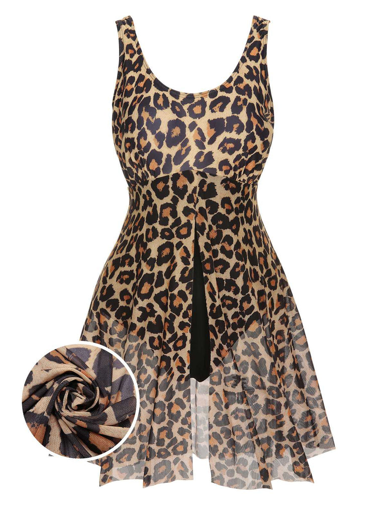 [Plus Size] 1940s Strap Print One-Piece Skirt Swimsuit