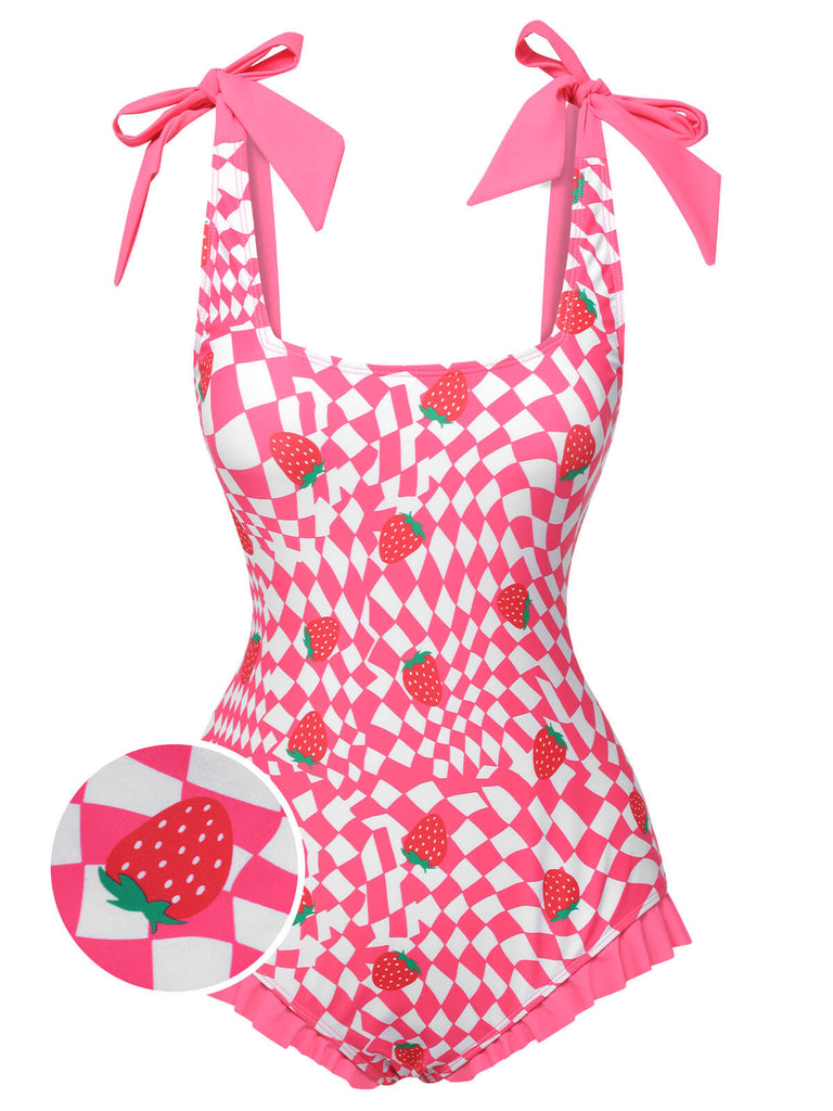Pink 1960s Strawberry Plaid One-Piece Swimsuit