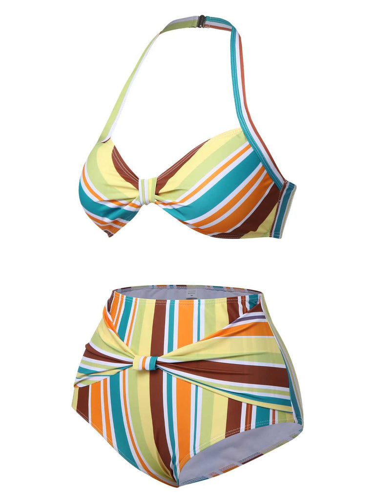 1930s Halter Contrast Stripes Swimsuit