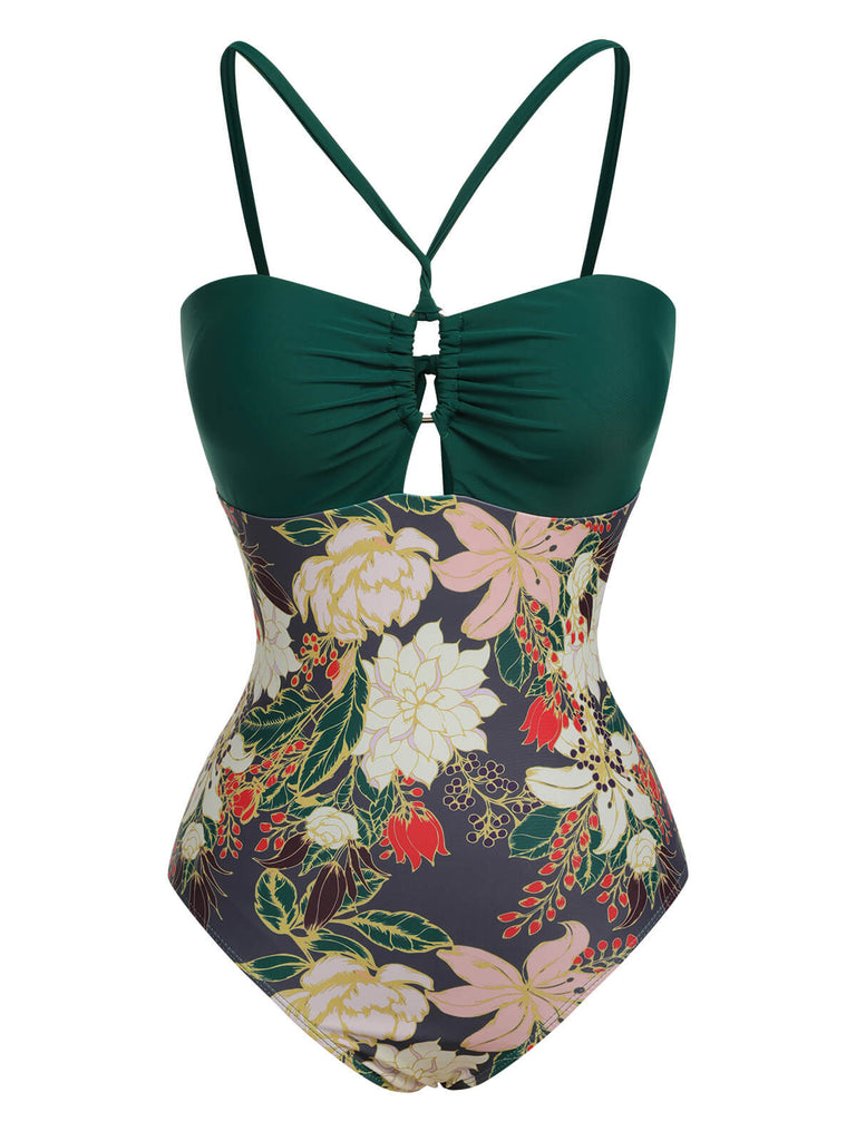 Multicolor 1960s Floral Halter One-Piece Swimsuit