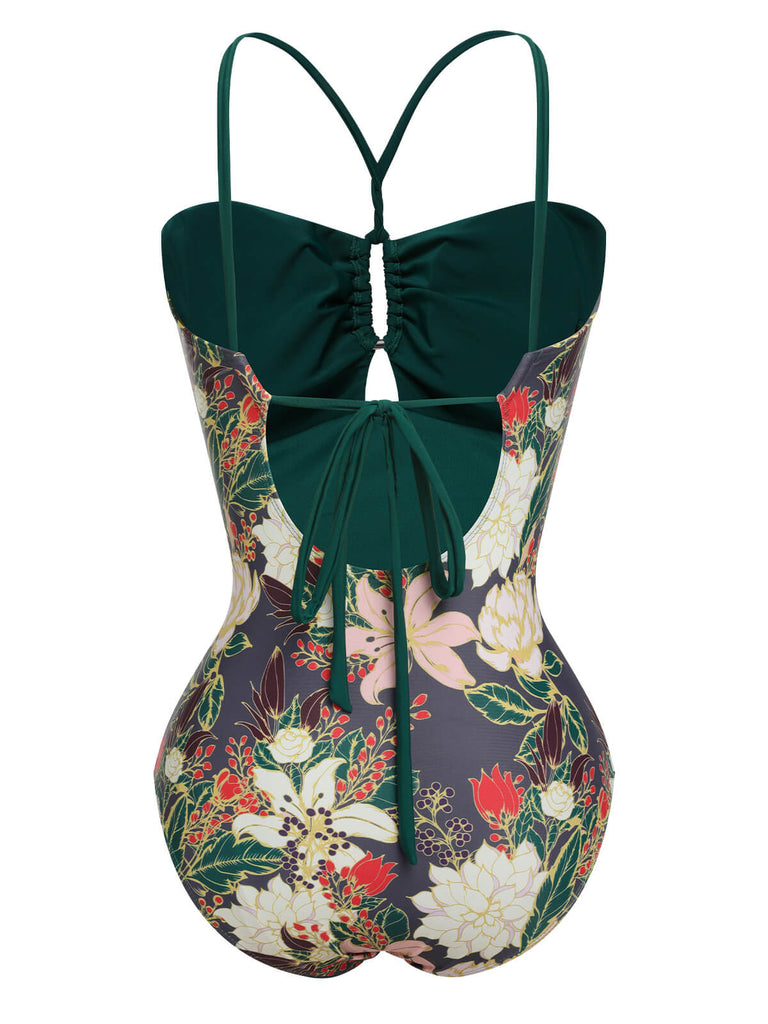 Multicolor 1960s Floral Halter One-Piece Swimsuit