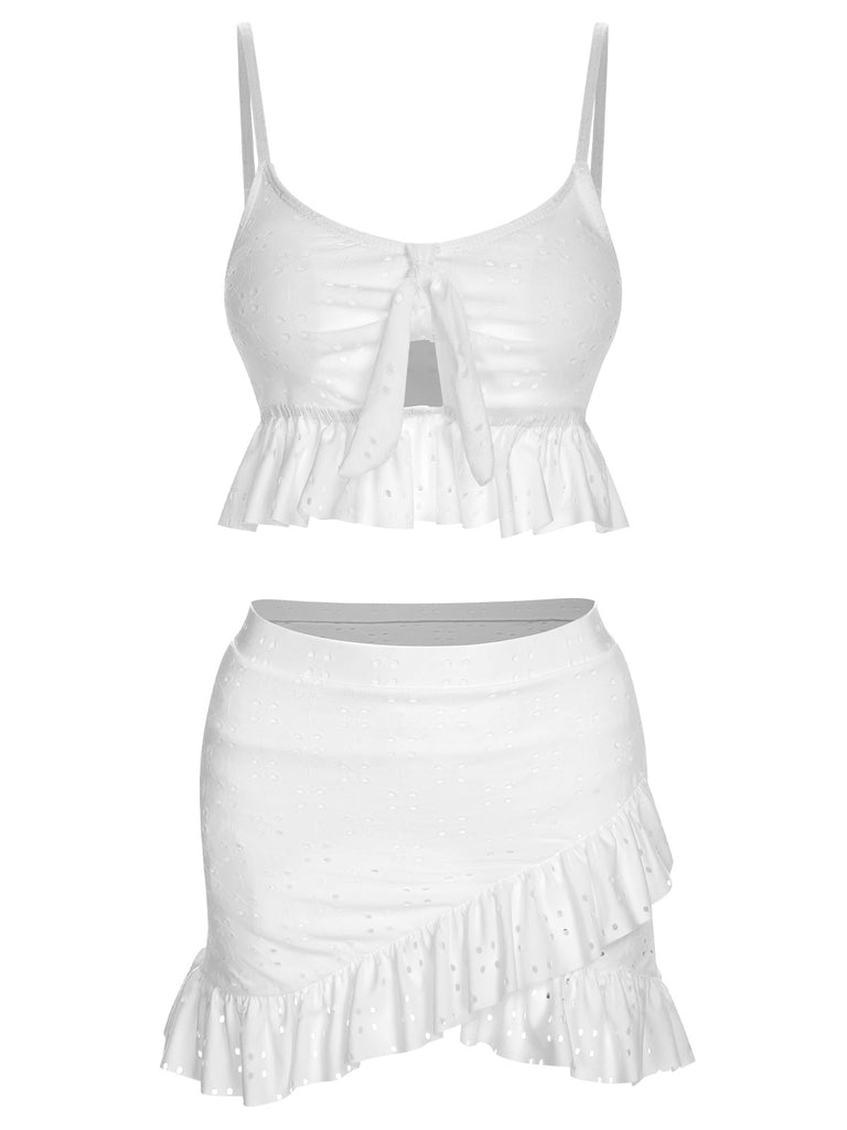 1950s Spaghetti Strap Solid Ruffles Swimsuit & Cover-Up