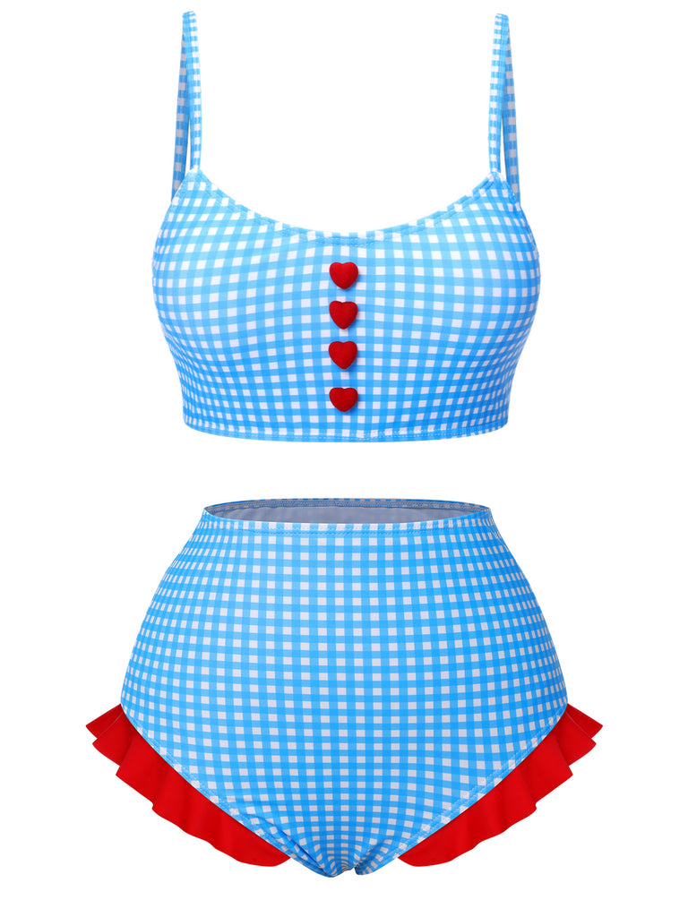 Blue 1950s Spaghetti Strap Button Plaids Swimsuit