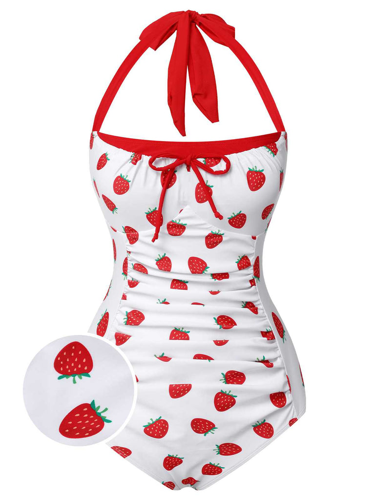 Red 1960s Halter Bow Strawberry One-Piece Swimsuit