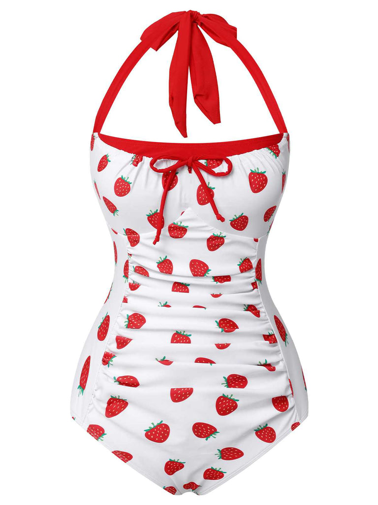 Red 1960s Halter Bow Strawberry One-Piece Swimsuit