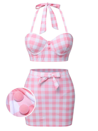 [US Warehouse] Pink 1950s Halter Plaids Bow Swimsuit