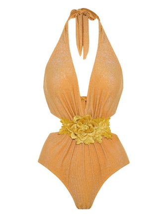 Yellow 1930s 3D Flower Halter Swimsuit