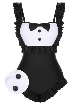 [US Warehouse] Black 1960s Tuxedo Ruffle Strap Swimsuit