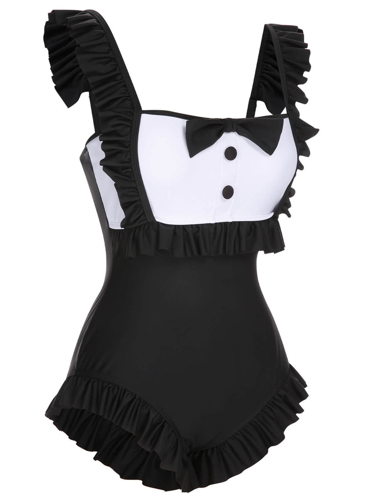 Black 1960s Maid Ruffle Strap Swimsuit