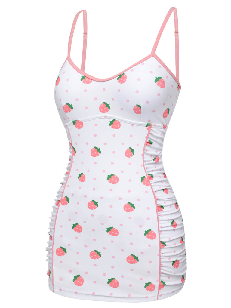 White & Pink 1950s Strawberry Pleated Swimsuit