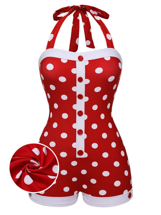 Red 1950s Polka Dot Patchwork Halter Swimsuit