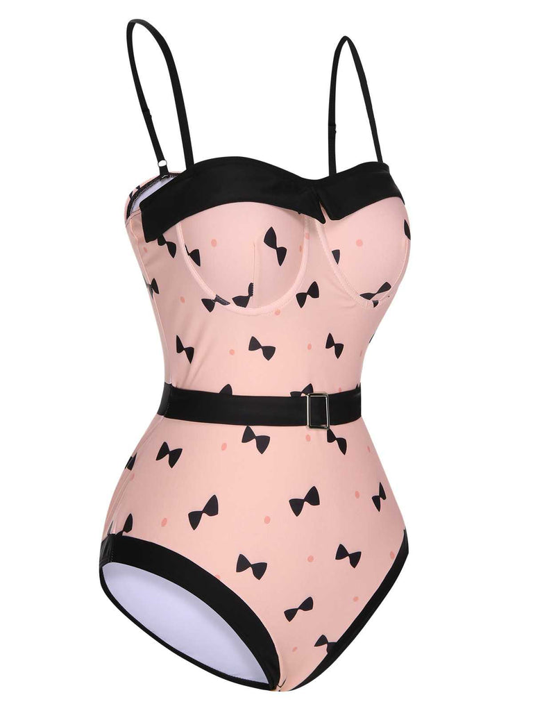 [Pre-Sale] Pink 1950s Bow Polka Dots Print One-Piece Swimsuit