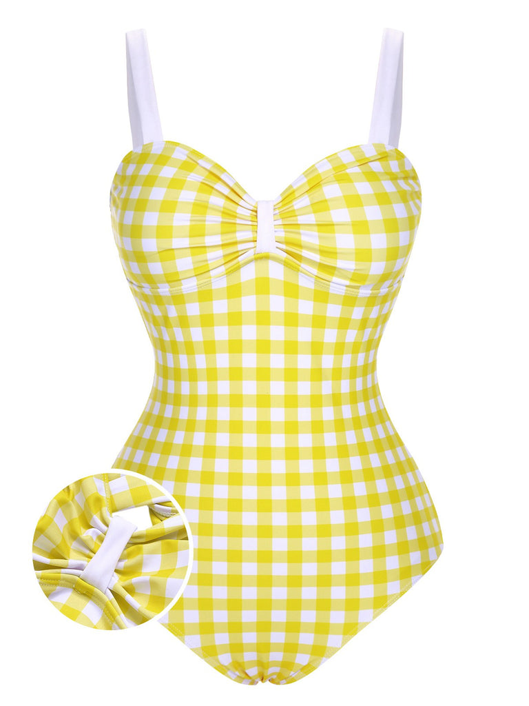 Yellow 1950s Plaid Strap Pleated Swimsuit